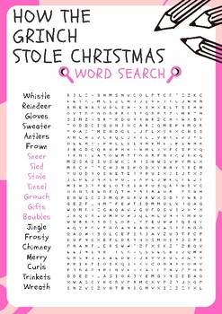 How the Grinch Stole Christmas Word Search Puzzle Worksheet Activity