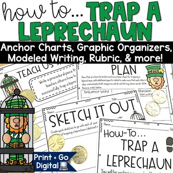 Preview of How to Catch a Leprechaun Trap Writing Activity March Prompt Bulletin Board Idea