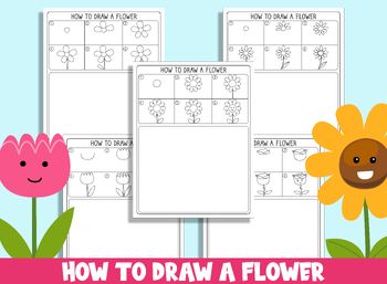 Preview of How to Draw a Flower, Directed Drawing Step by Step Tutorial + 5 Coloring Pages