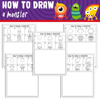Preview of How to Draw a Monster: Directed Drawing Step by Step Tutorial + 5 Coloring Pages