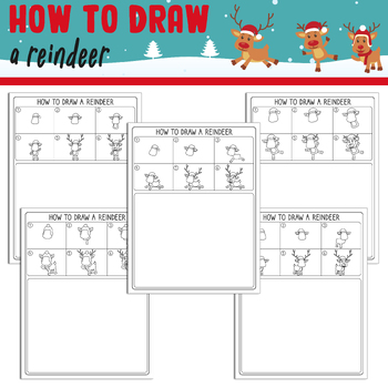 Preview of How to Draw a Reindeer: Directed Drawing Step by Step Tutorial +5 Coloring Pages