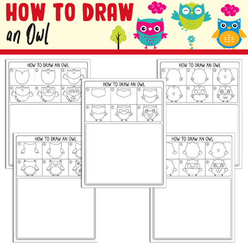Preview of How to Draw an Owl: Directed Drawing Step by Step Tutorial + 5 Coloring Pages