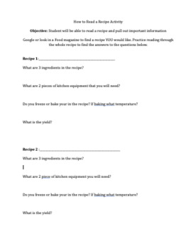 Preview of How to Read a Recipe Activity- Practice Worksheet 