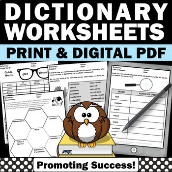 Preview of Dictionary Skills Worksheets Practice Using a Dictionary Grade 3 Guide Words 4th
