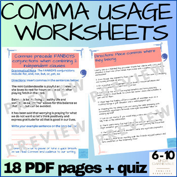 Preview of Comma Rules, Comma Worksheets Grammar Quiz - ELA 6th - 12th Punctuation Practice
