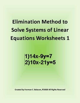 Preview of Elimination Method to Solve Systems of Linear Equations Worksheets 1
