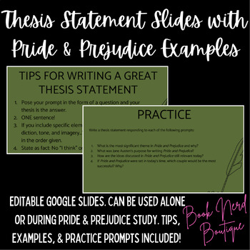 Preview of How to Write A Thesis Statement Google Slides with Pride and Prejudice Examples