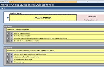 Preview of Multiple choice test template using Excel (10 Questions)