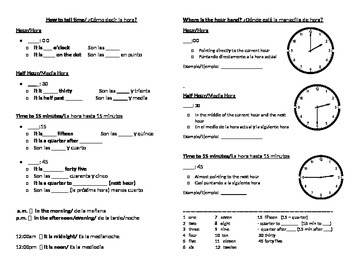 Preview of How to tell time notes/Apuntes de como decir la hora