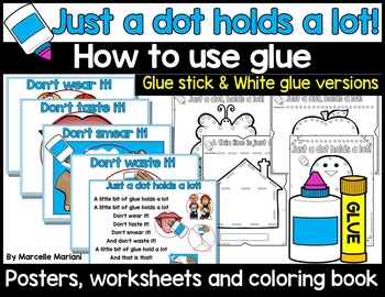 Preview of How to use glue in kindergarten- posters, worksheets and coloring book