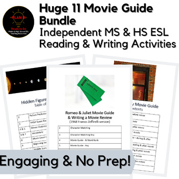 Preview of Huge Bundle of 11 No Prep Movie Guide Activity Packs Middle & High School ESL