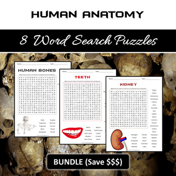 Preview of Human Anatomy 8 Word Search Puzzles - NOPREP PRINTABLE ACTIVITIES