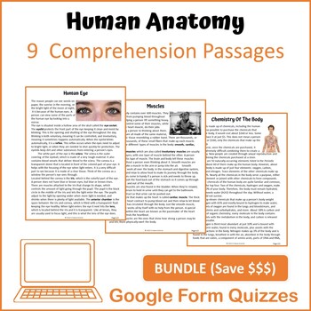 Preview of Human Anatomy Bundle Reading Comprehension - Google Form Quiz