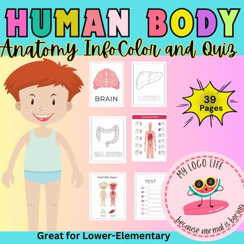Preview of Human Body/Anatomy Info, Color and Quiz worksheets/booklet| Lower Elementary