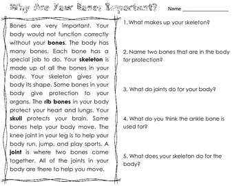 Human Body Bones, Muscles, and Cells Reading Comprehension Science 3.L.1.1