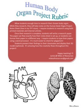 Preview of Human Body Organ Project Rubric