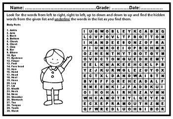 human body parts word search worksheet elementary vocabulary sub plan