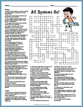 Human Body Systems Crossword Puzzle Worksheet by Puzzles to Print