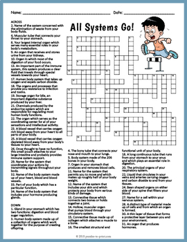 human body systems crossword puzzle worksheet activity by puzzles to print