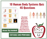 Human Body Systems Quiz with ANSWER KEY