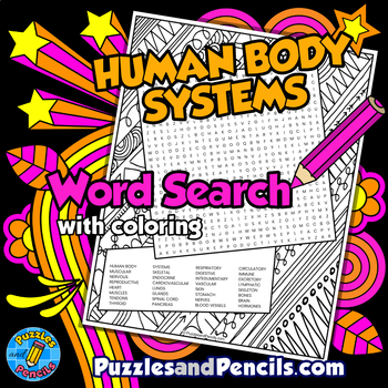 Preview of Human Body Systems Word Search Puzzle Activity Page with Coloring