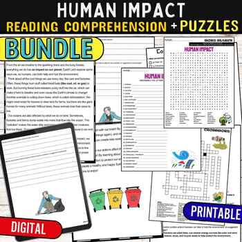 Preview of Human Impact,Climate Change Reading Comprehension Puzzles,Digital &Print BUNDLE
