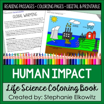 Preview of Human Impact Coloring Book and Reading Passages | Printable & Digital