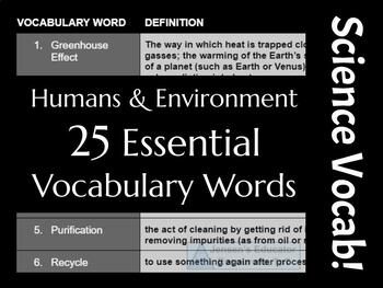 Preview of Human Impact on the Environment Unit Science Vocabulary (25 words) (CCSS & NGSS)