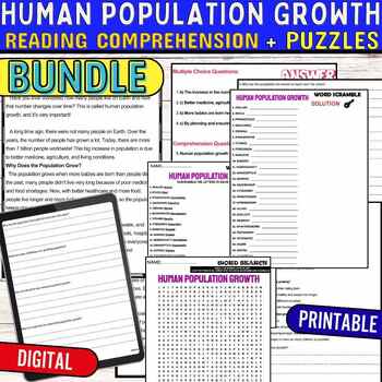Preview of Human Population Growth Reading Comprehension Passage,PUZZLE,Quiz,Digital BUNDLE