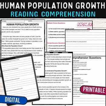 Preview of Human Population Growth Reading Comprehension Passage Quiz,Digital and Printable