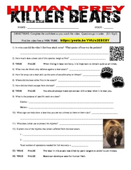 Preview of Human Prey : Killer Bears (science zoology / free animal video / question sheet)