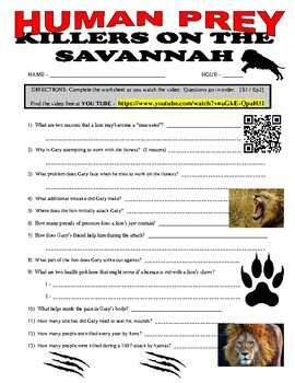 Preview of Human Prey : Killers on the African Savannah (free science video / worksheet)