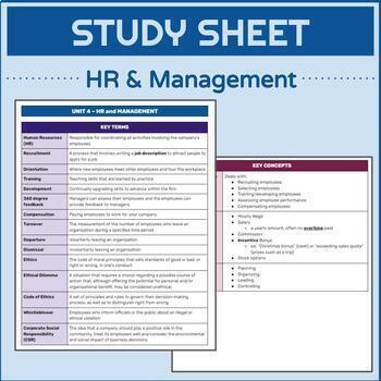 Preview of Human Resources (HR) & Management | UNIT REVIEW SHEET (Intro to Business)