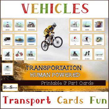 Preview of Human-powered Transport Vehicles, Montessori 3-Part Cards, Flash Cards