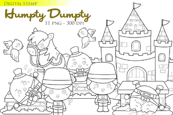 Preview of Humpty Dumpty Egg Castle King Kingdom Clipart -Black White Outline-Digital Stamp