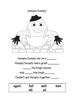 humpty dumpty nursery rhyme worksheet kindergarten year 1 fill in blanks