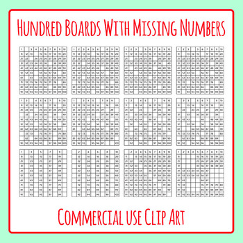 Preview of Hundred Boards with Missing Numbers - 100 Chart Math Clip Art  / Clipart