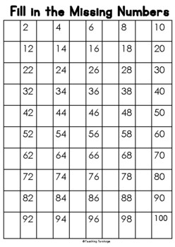 Hundred Chart -- Random Missing Numbers by Teaching Terakoya | TPT