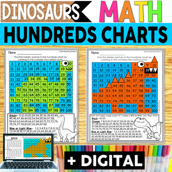 Preview of Hundreds Charts - Dinosaurs - Color by Number - With Digital Resources