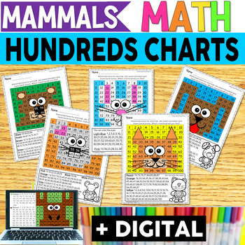 Preview of Hundred Charts - Mammals -  Color by Number - With Digital Resources