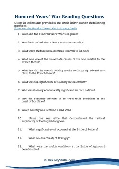 Preview of Hundred Years’ War Reading Questions Worksheet