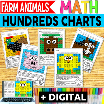 Preview of Hundreds Charts - Farm Animals - Color by Number - With Digital Resources