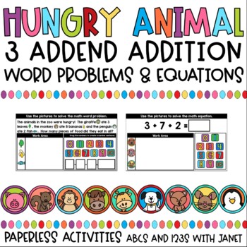 Preview of Hungry Animal Addition (3 addend word problems & equations) | Distance Learning