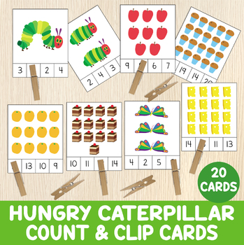 Preview of Hungry Caterpillar Count & Clip Cards, Counting Cards, Numbers 1 -20, Centers