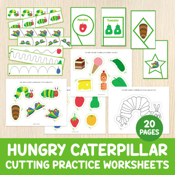 Preview of Hungry Caterpillar Cutting Practice Worksheets, Scissor Strips, Eric Carle