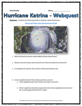 Preview of Hurricane Katrina - Webquest with Key (History.com)