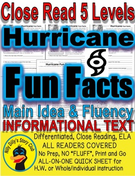 Preview of Hurricanes Main Idea Nonfiction Leveled Passages worksheets with Fluency Check