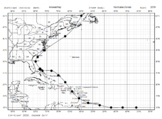Hurricane tracking map with answer keys for five hurricanes