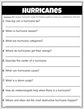 Hurricanes Reading Comprehension - Reading Passage, Questions, & Jigsaw