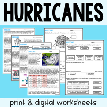 Preview of Hurricanes - Reading Comprehension Worksheets